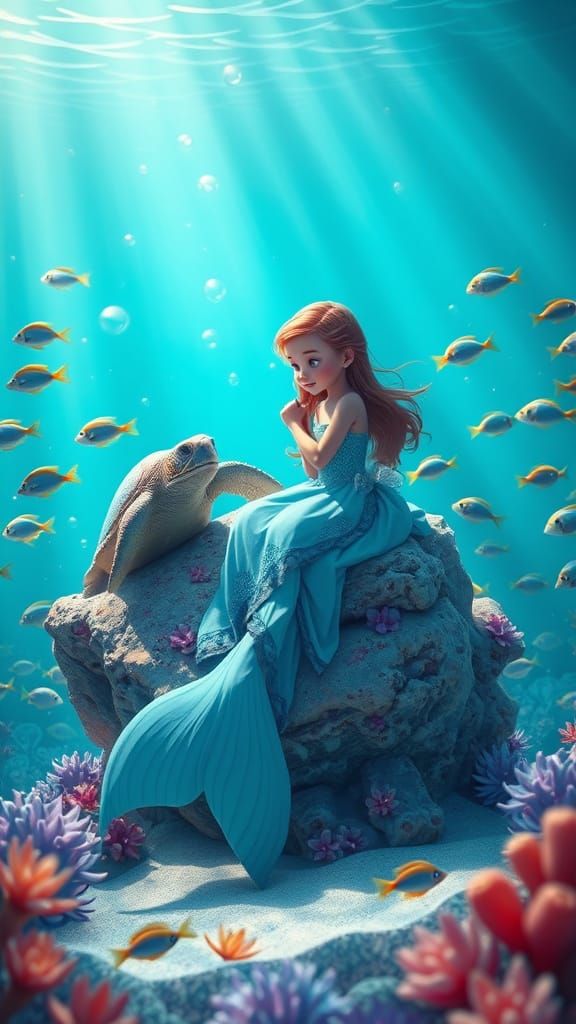 Mermaid Girl's Underwater Chat: Pixar-Style Digital Art