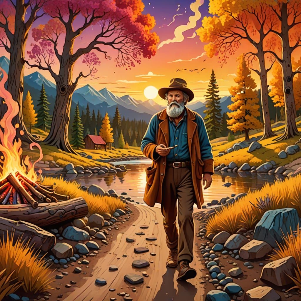 Whimsical Hobo in Dreamlike Fantasy Landscape