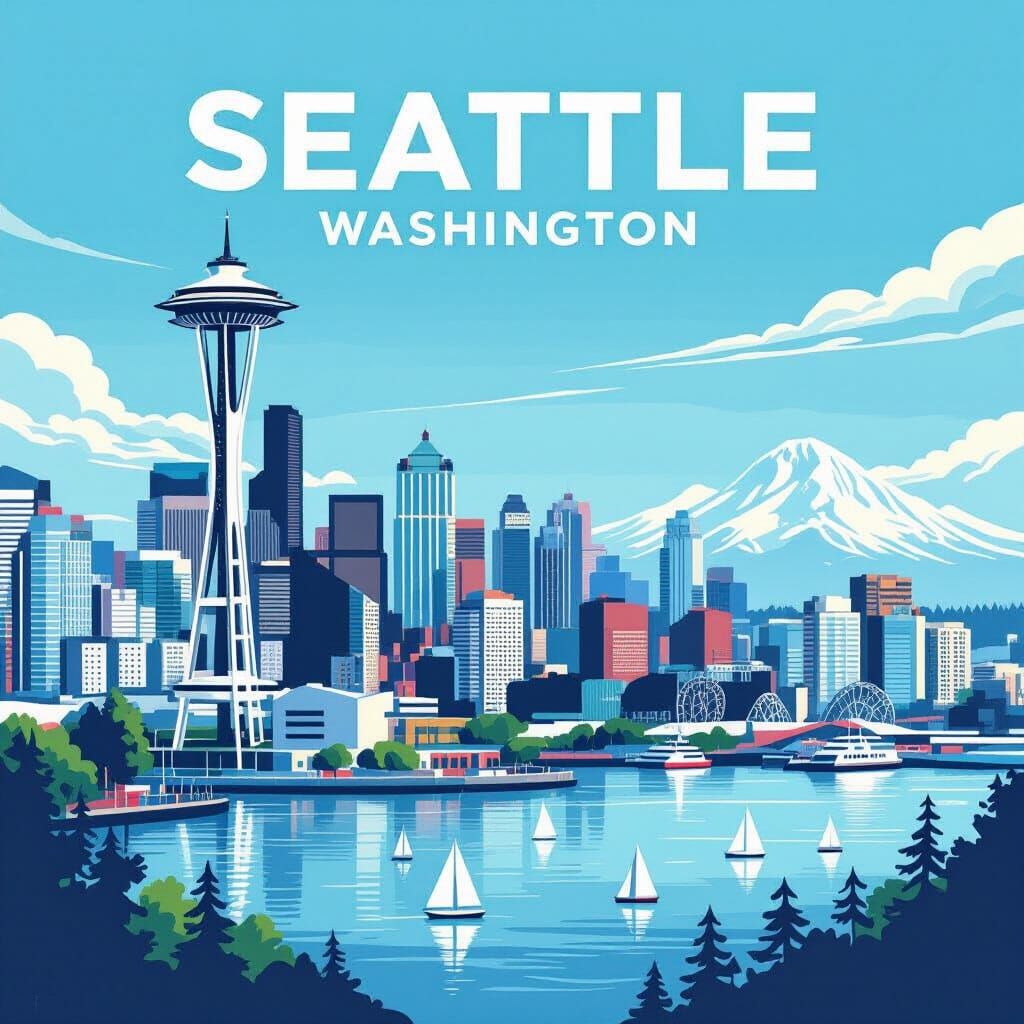 Seattle Skyline Panorama with Mount Rainier in Graphic Style