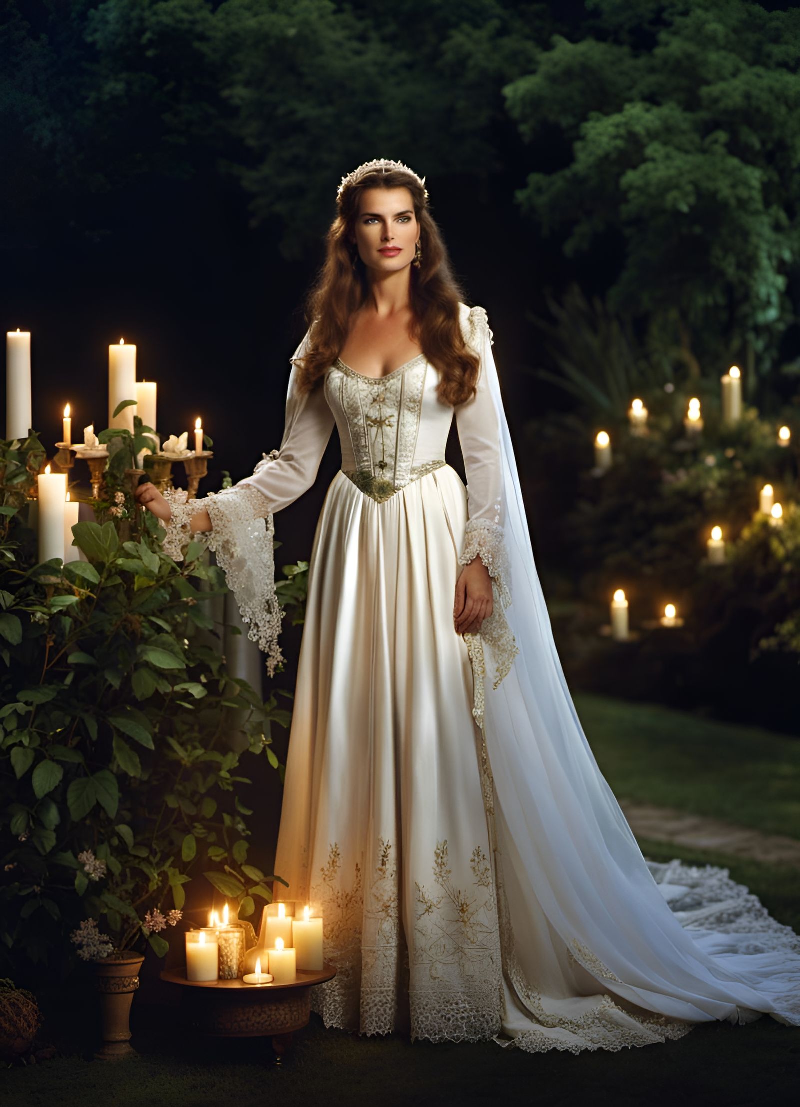 English Maiden in Moonlight Garden Portrait