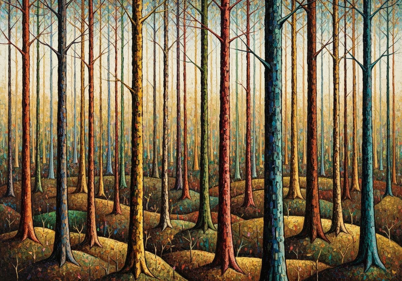Expressionist Cubist Forest Painting with Vibrant Trunks