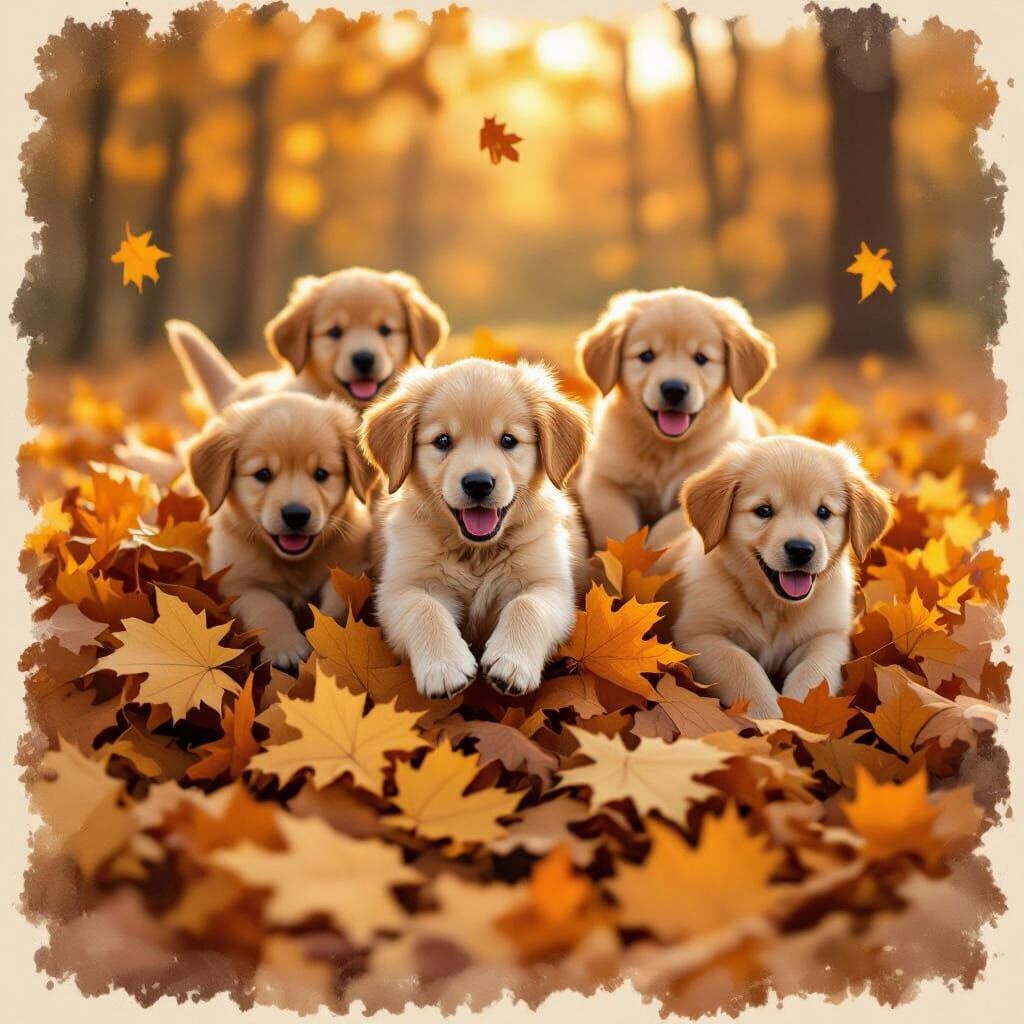 Golden Retriever Puppies in Autumn Leaves