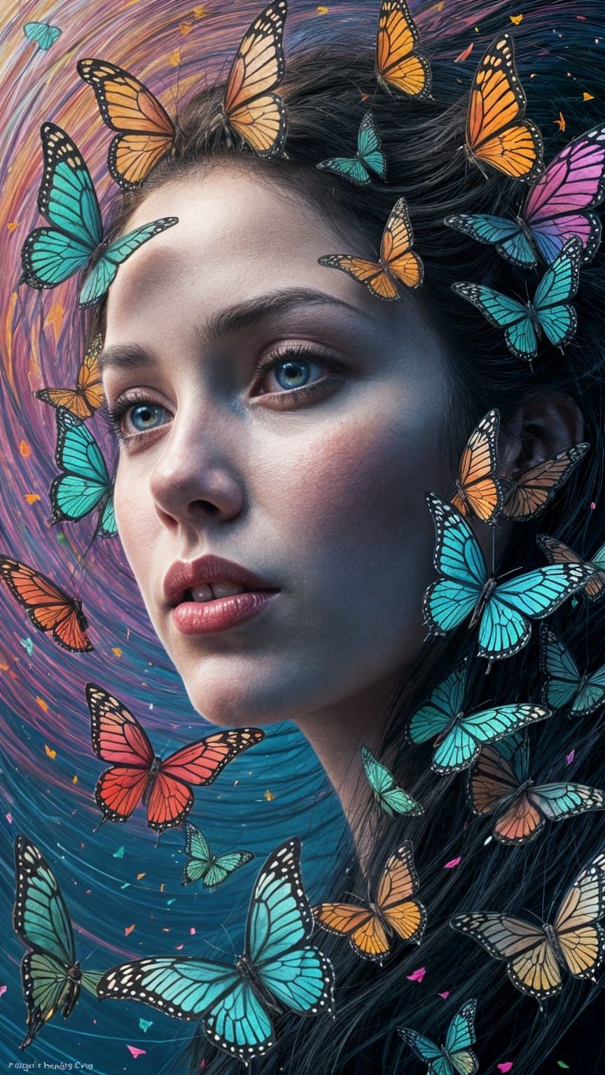 Surreal Portrait with Iridescent Butterflies, Dreamlike Aura