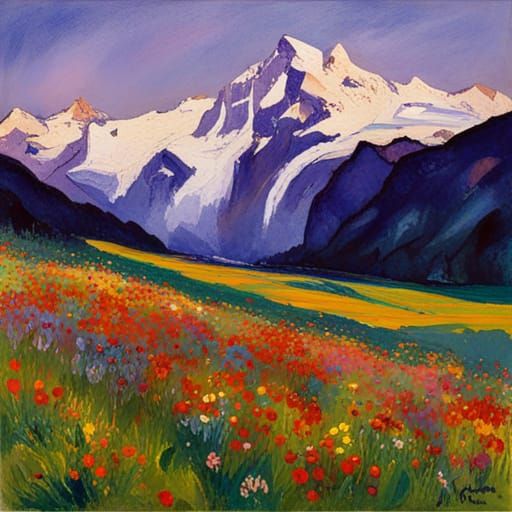 Bernese Oberland Meadow at Blue Hour, in Nolde Style