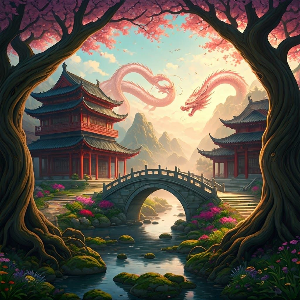 Ethereal Pink Dragon Soars Over Ancient Asian Fantasy Landsc...