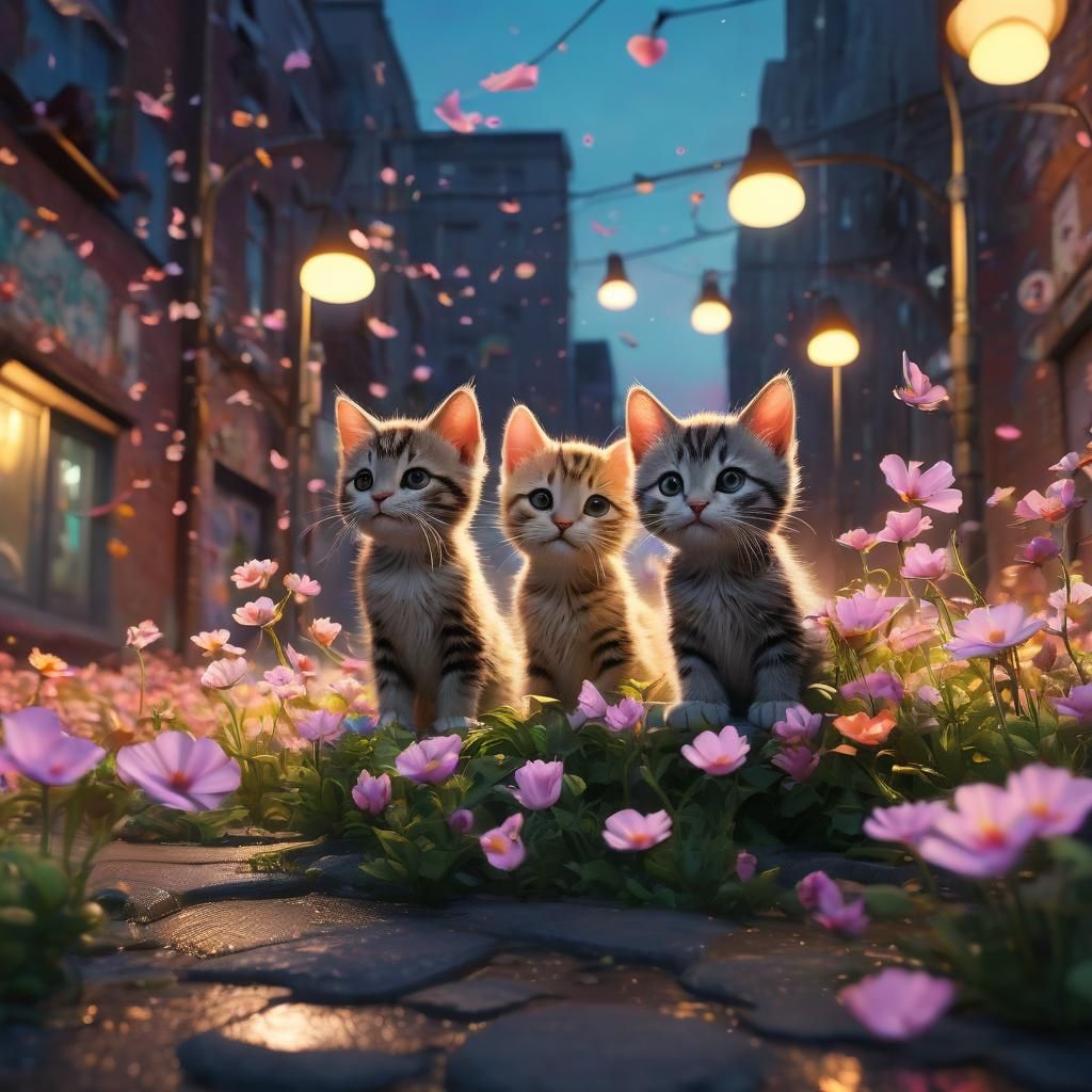 Kittens Play in Whimsical Urban Landscape