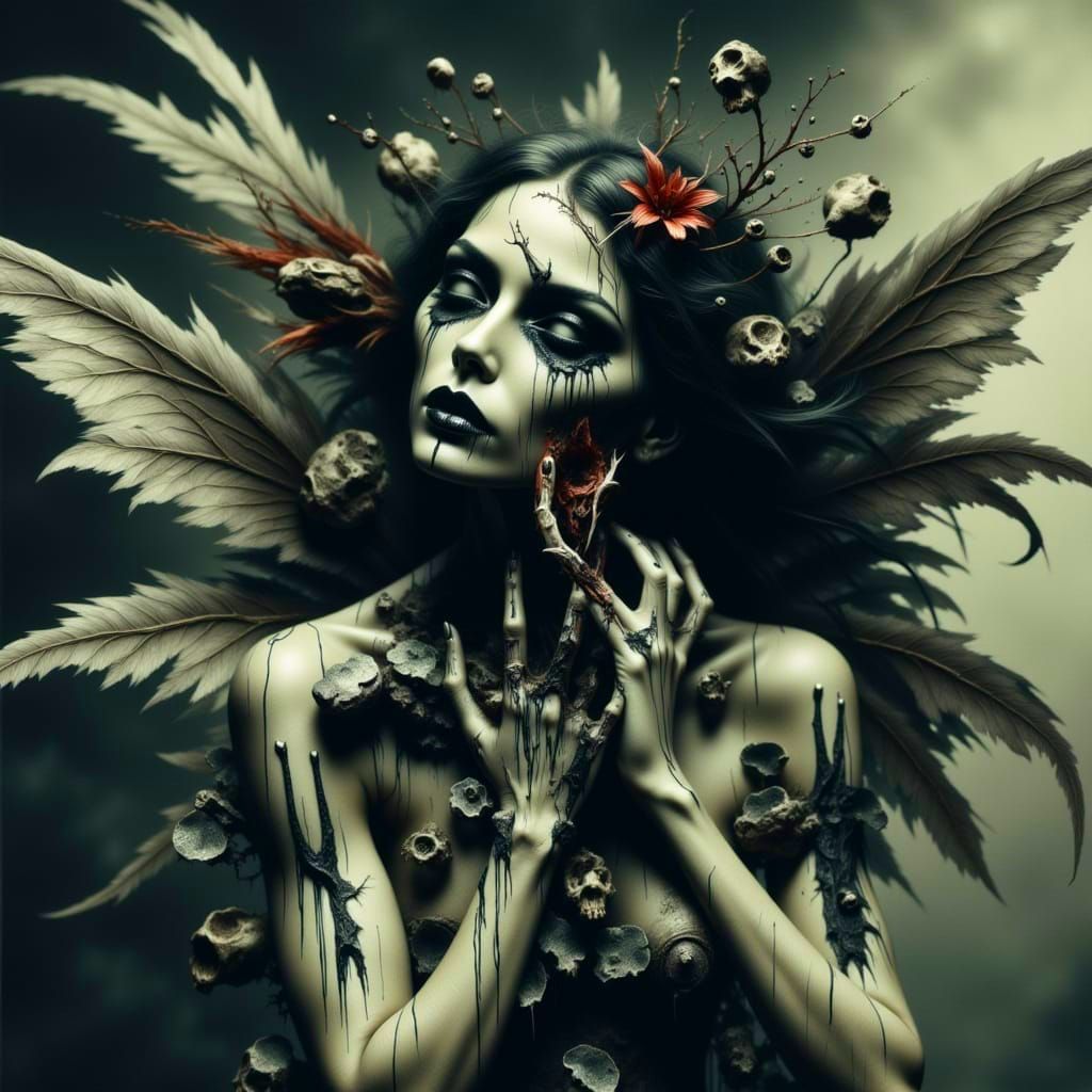 Death's Macabre Muse in Dark Double Exposure