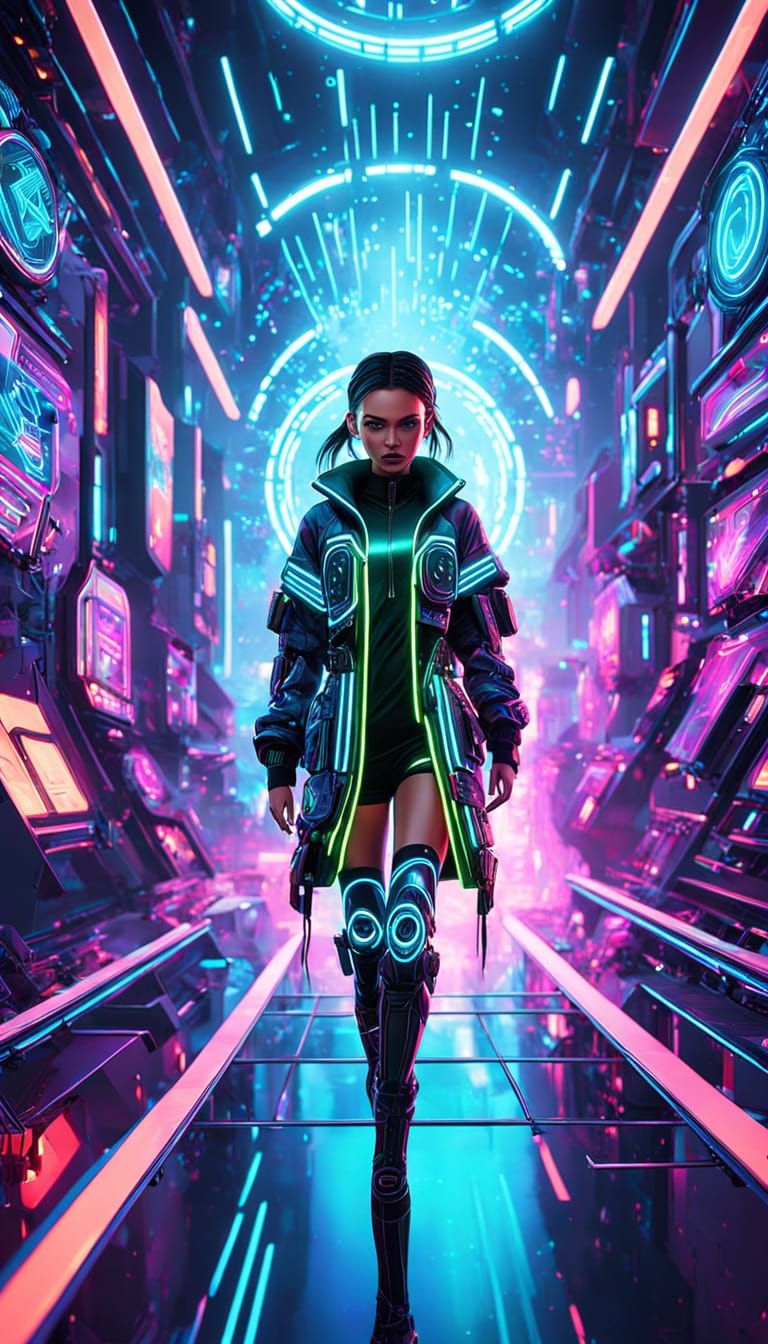 Cyberpunk Fashion Model on a Neon Runway