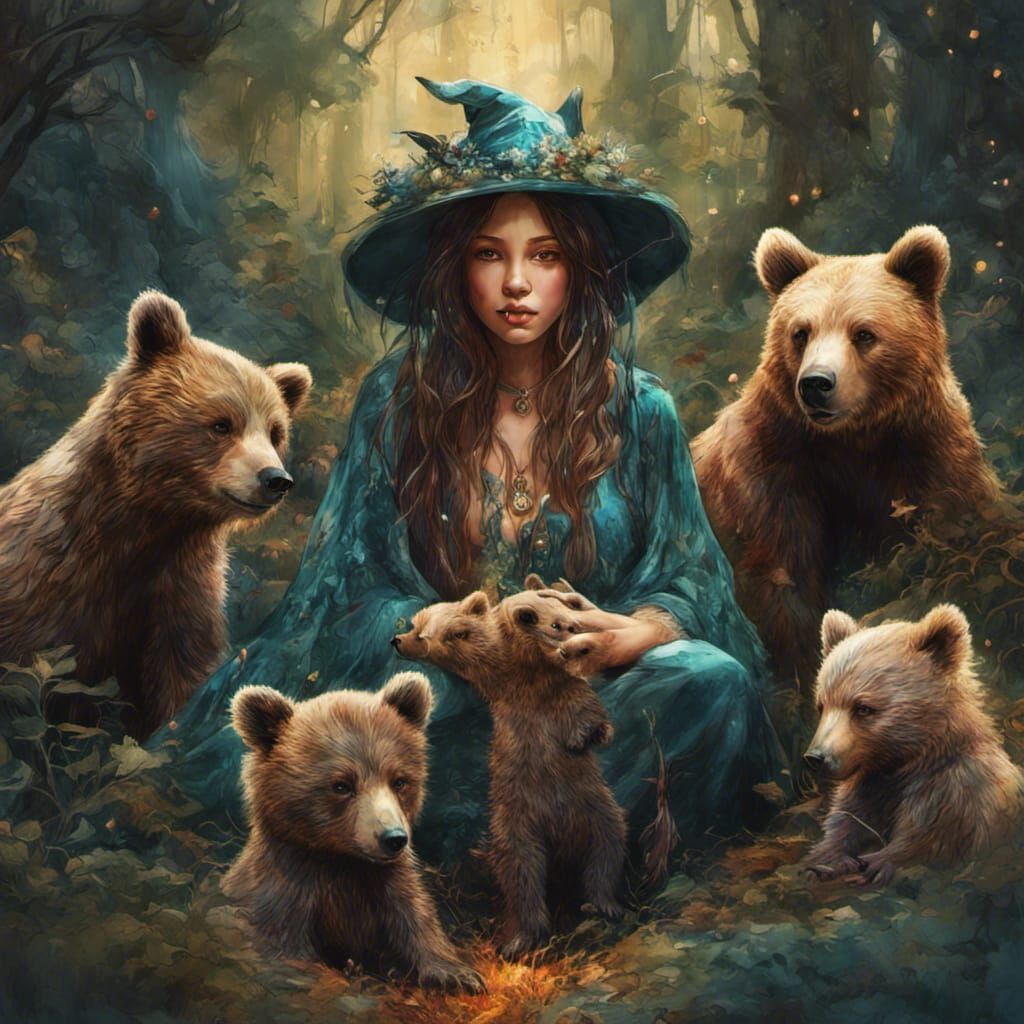 Enchanting Witch with Playful Bear Cubs