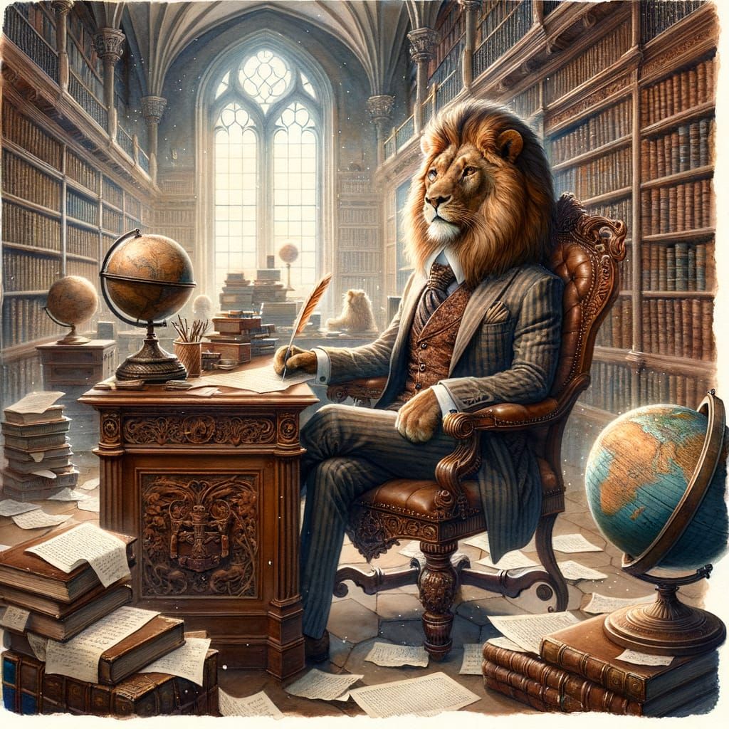 Victorian Lion Scholar in Watercolor Illustration