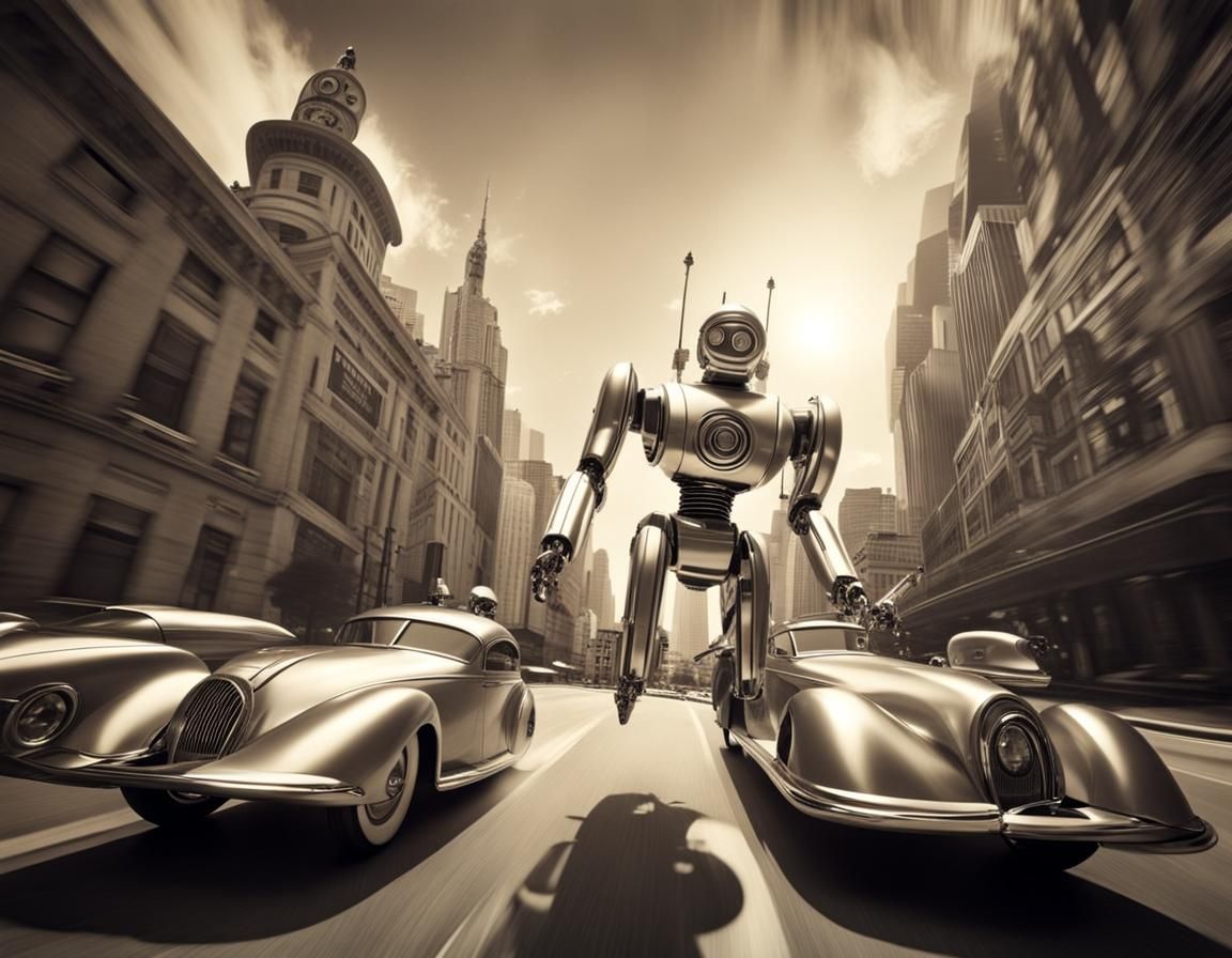 Art Deco Robot Running Through Futuristic City