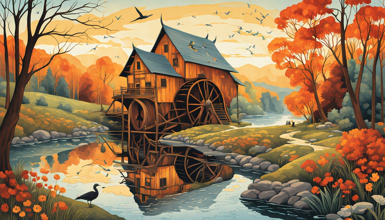 Dreamlike Waterwheel Scene with Mystical Woman and Cosmic El...