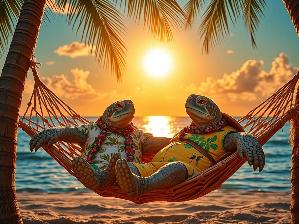 Turtles in Paradise: A Tropical Sunset Scene