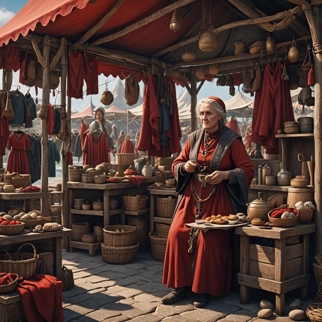 Medieval Lady Shopkeeper at Seaside Stall: Fantasy Art