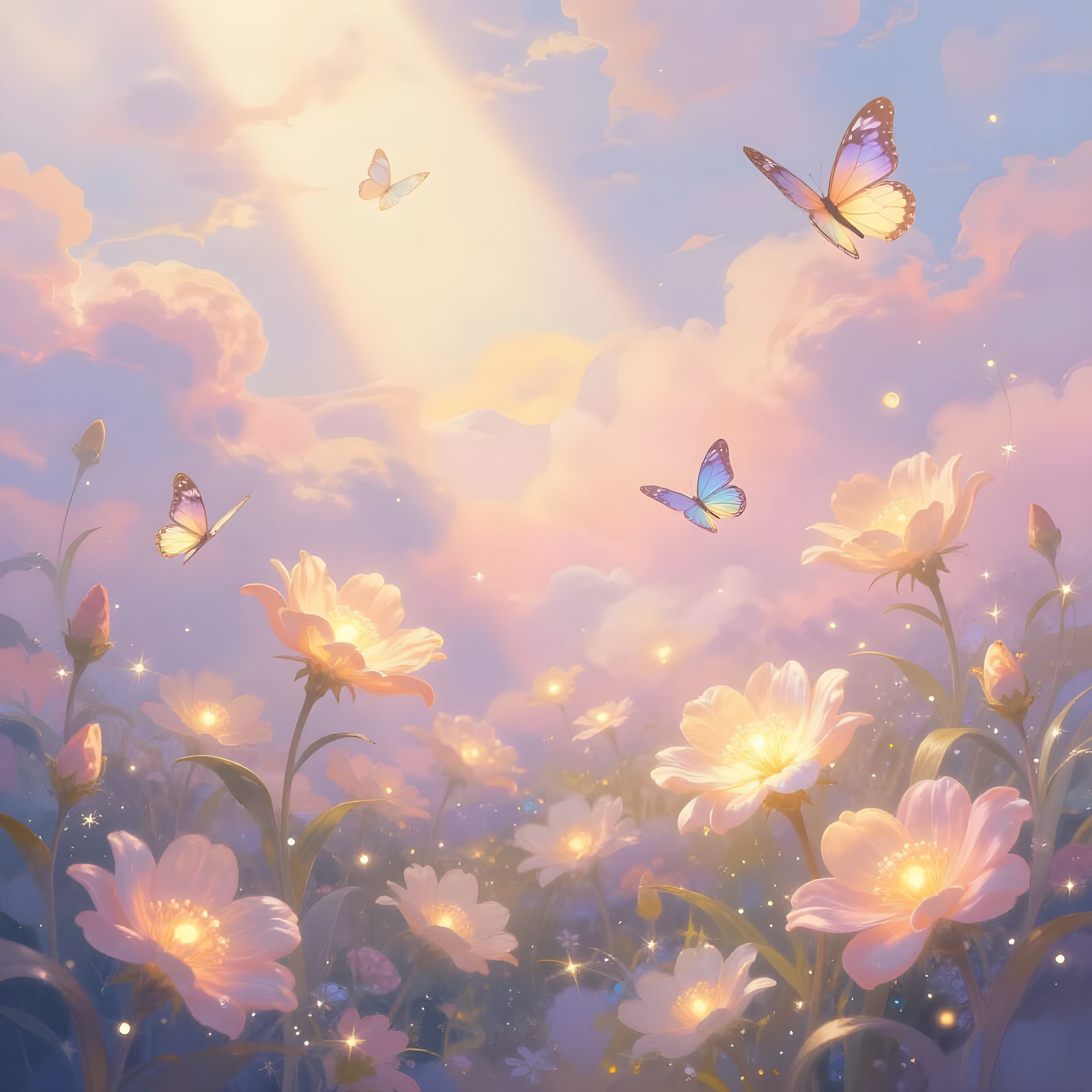 Dreamy Celestial Garden with Glowing Flowers and Butterflies
