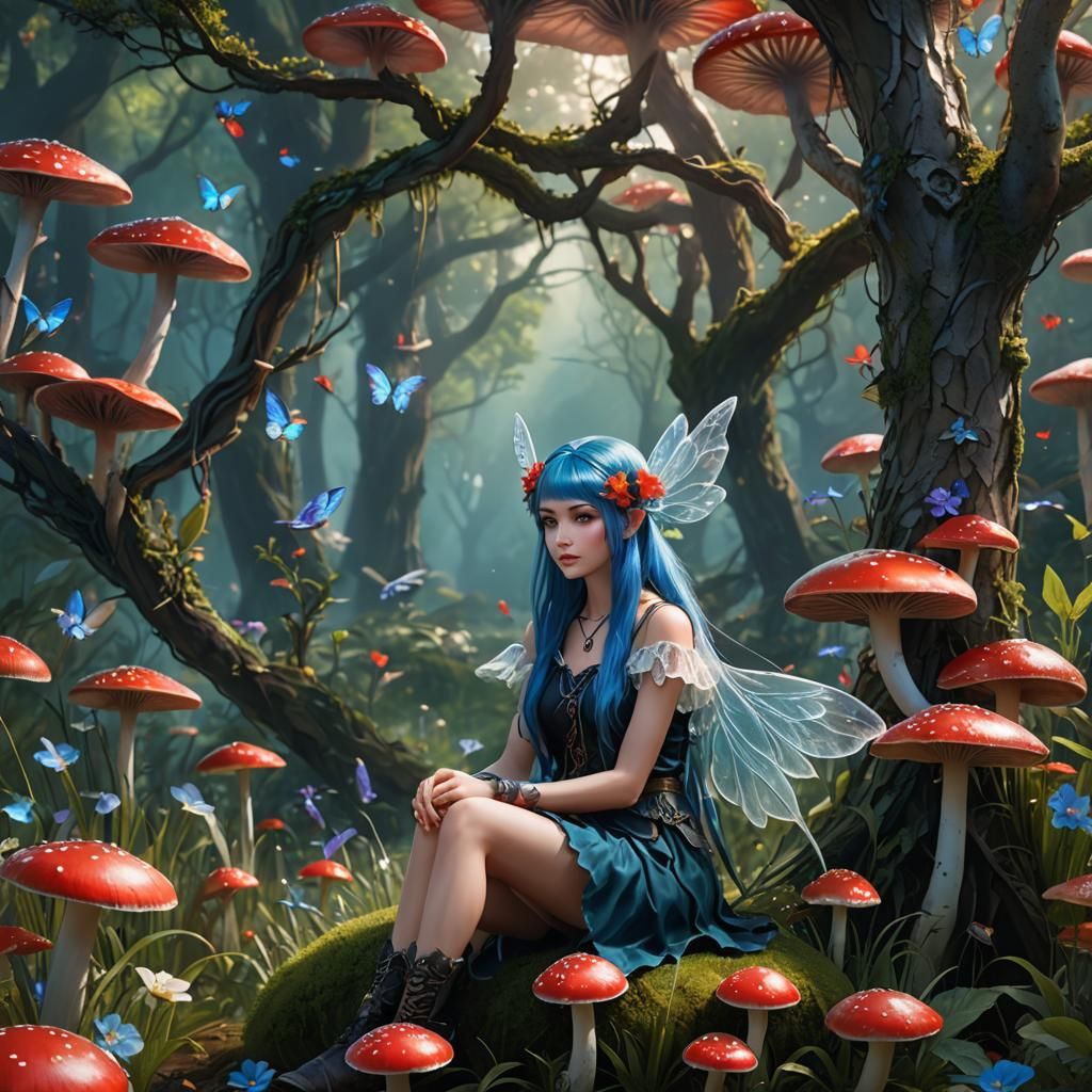 Blue-Haired Fairy on Mushroom, Fantasy Concept Art