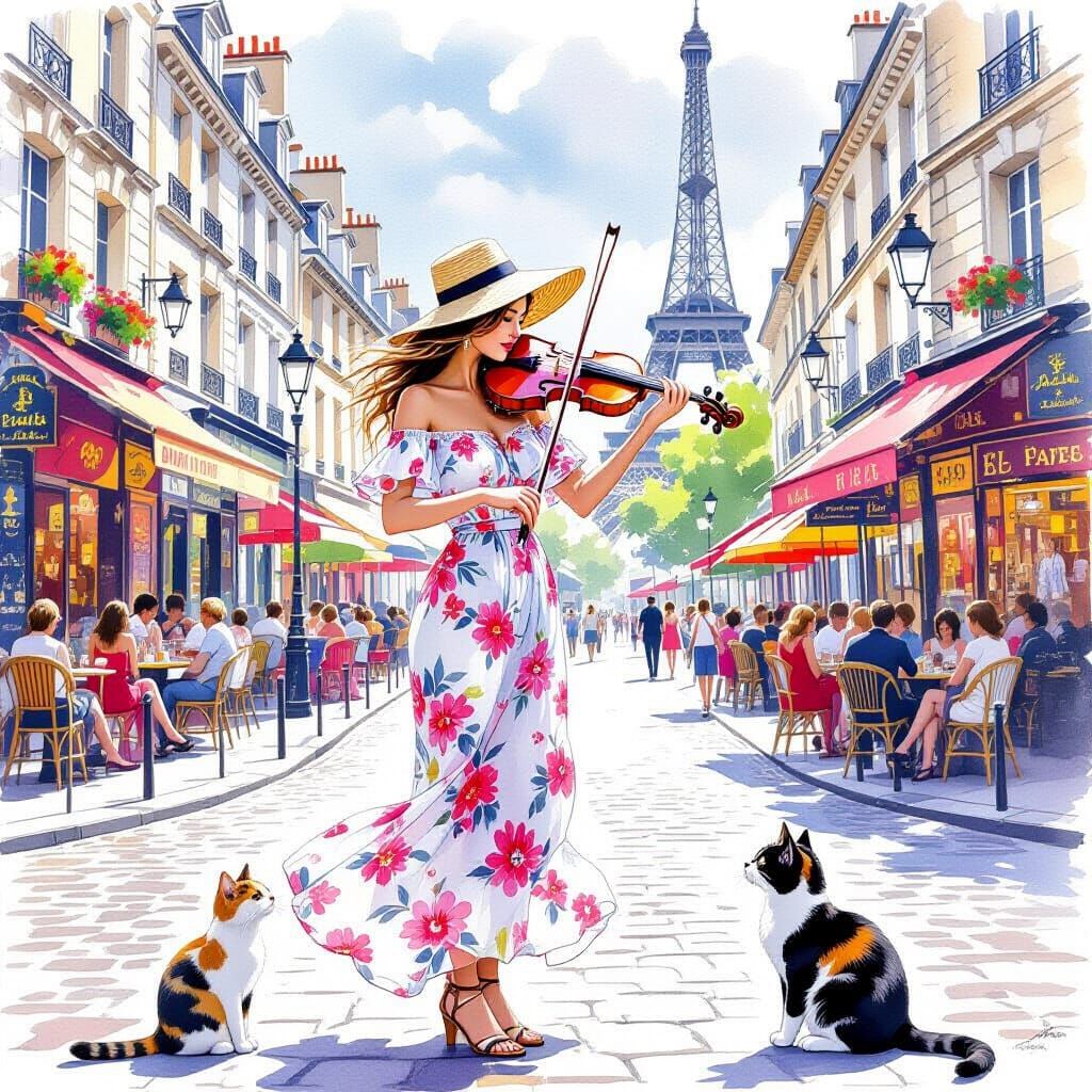 Parisian Violinist in Watercolor Gouache Style