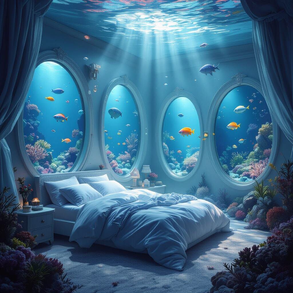 Underwater Bedroom with Vibrant Sea Life, Realistic Style