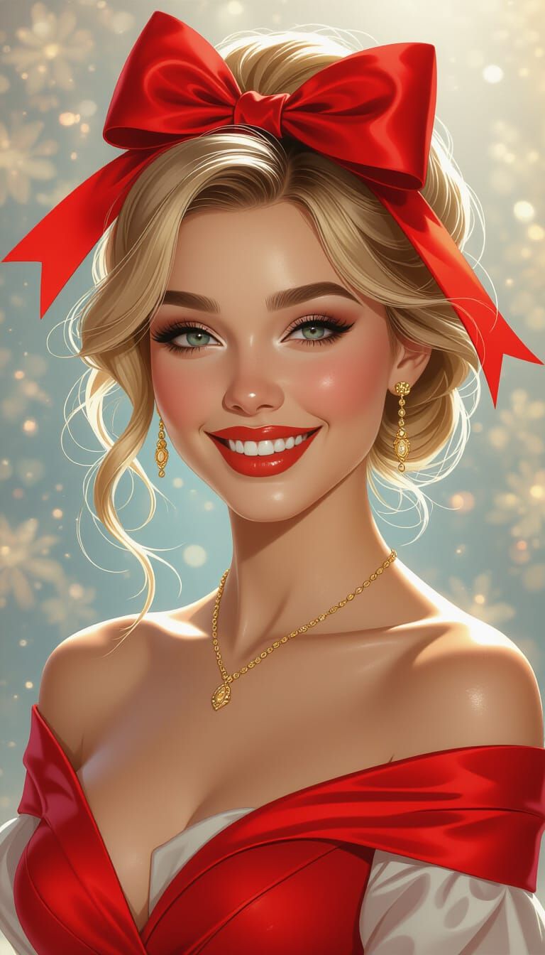 Smiling Woman with Red Bow in Ornate Digital Art Style