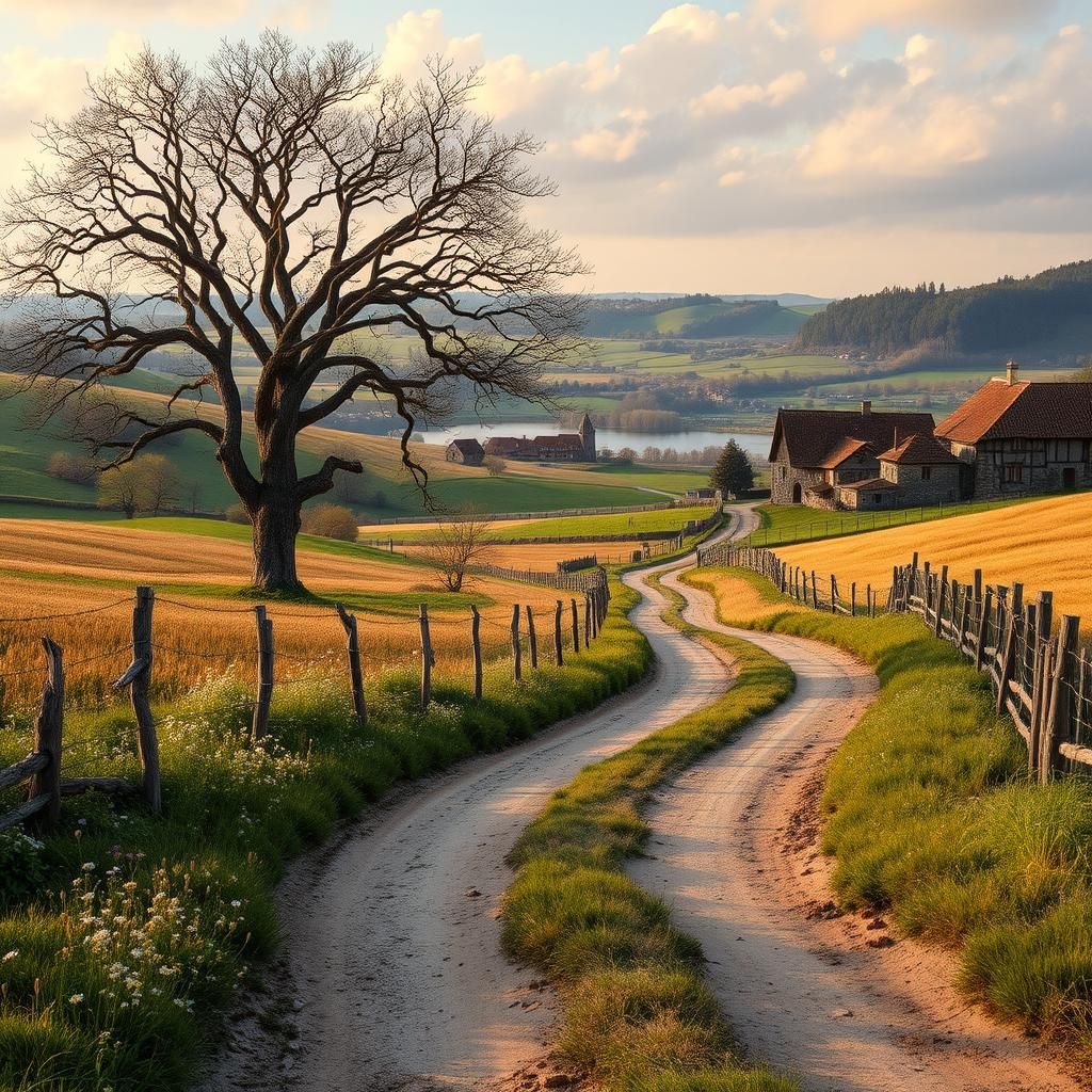 Idyllic Countryside Road to Medieval Town