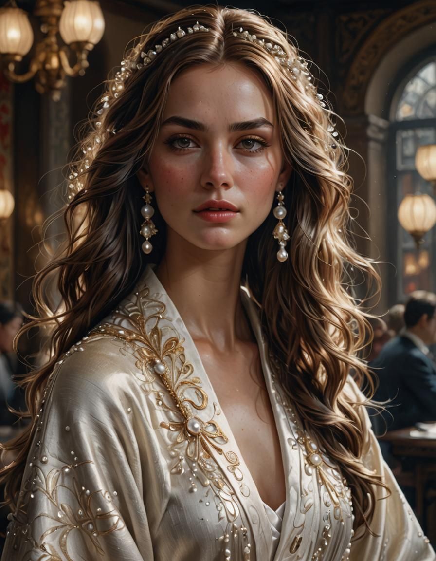 Radiant Redhead in Pearl-Embroidered Linen Robe