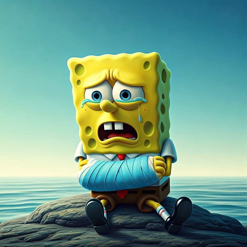 SpongeBob Crying with Broken Arm: 3D Digital Art