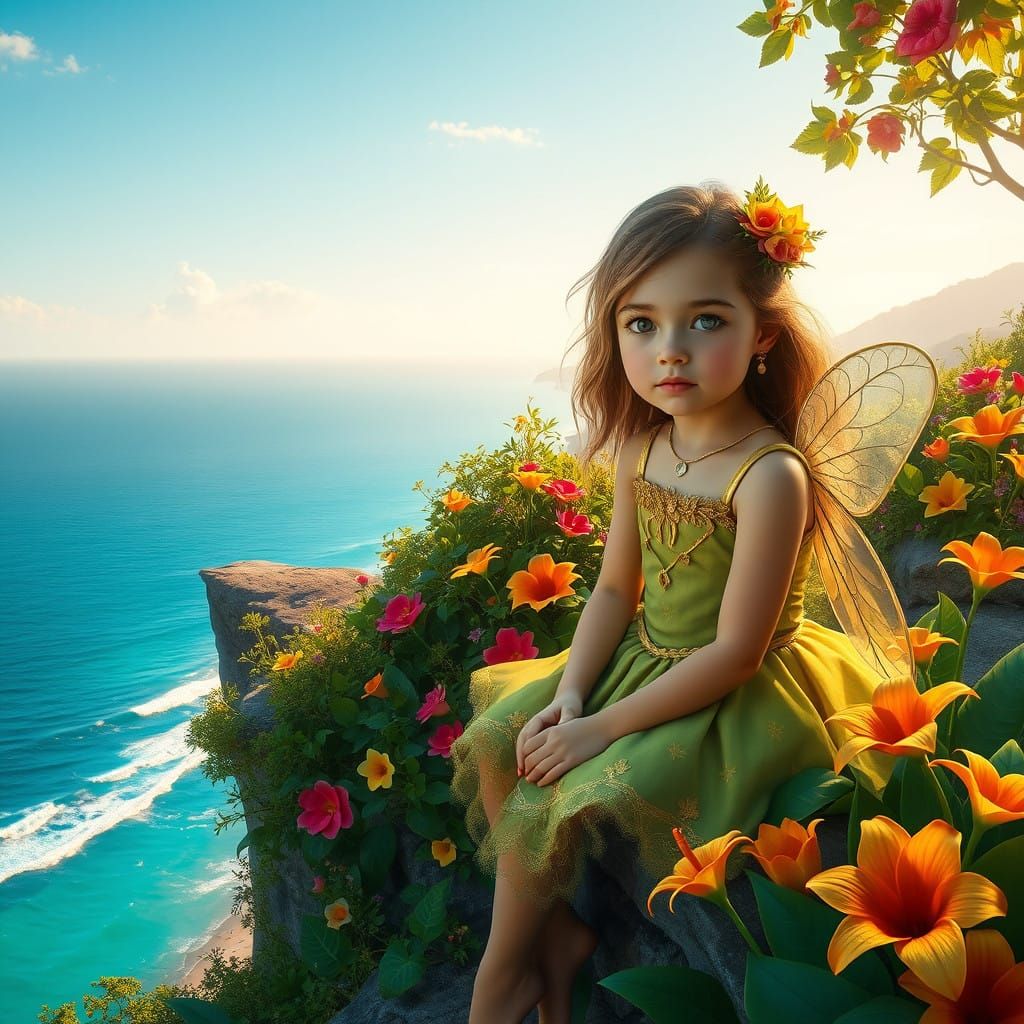 Girl in Enchanting Green and Yellow Fairy Dress Sits in Vibr...