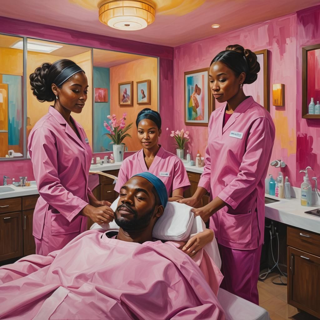 Spa Cosmetologists in Oil Painting with Pink Scrubs