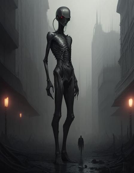 Slender Alien in Sinister Cityscape, Horror Aesthetic