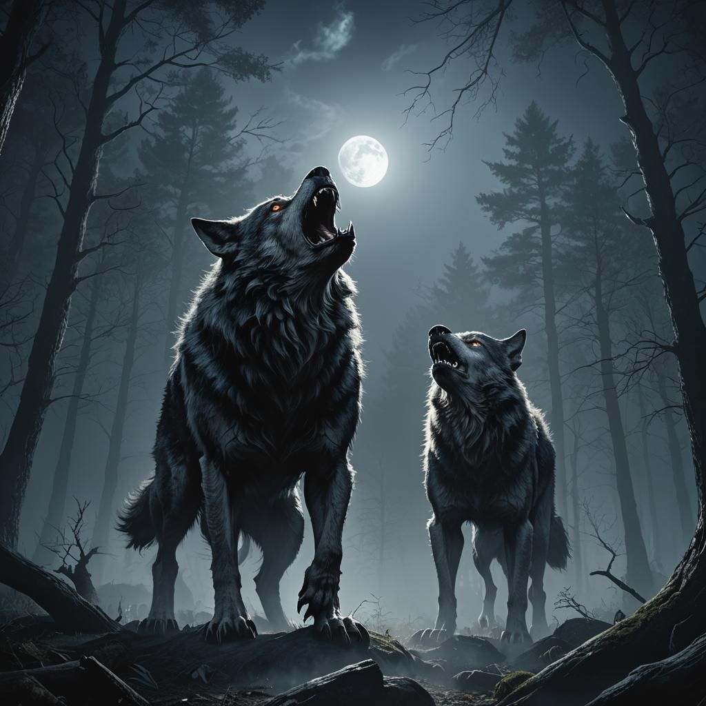 Werewolf Howling in Misty Forest Under Moonlight
