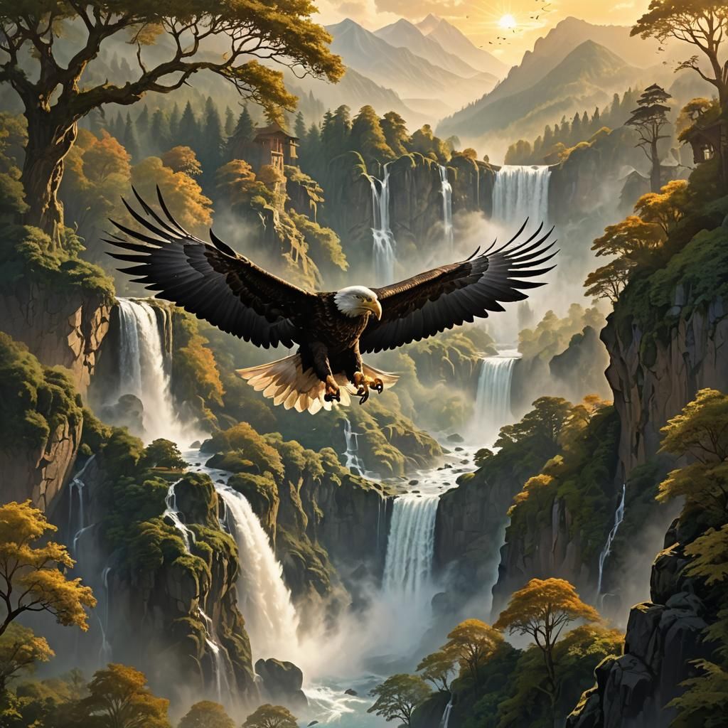Eagle Silhouette Over Waterfall Village: Matte Painting
