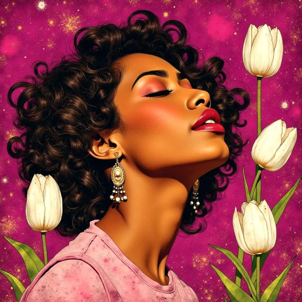 Meditative Woman with Tulips in Art Nouveau Style