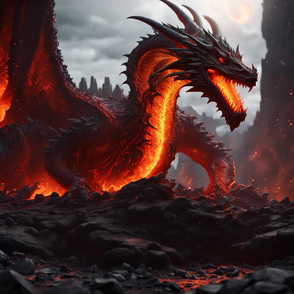 Dragon in Lava Pit: Detailed Matte Painting