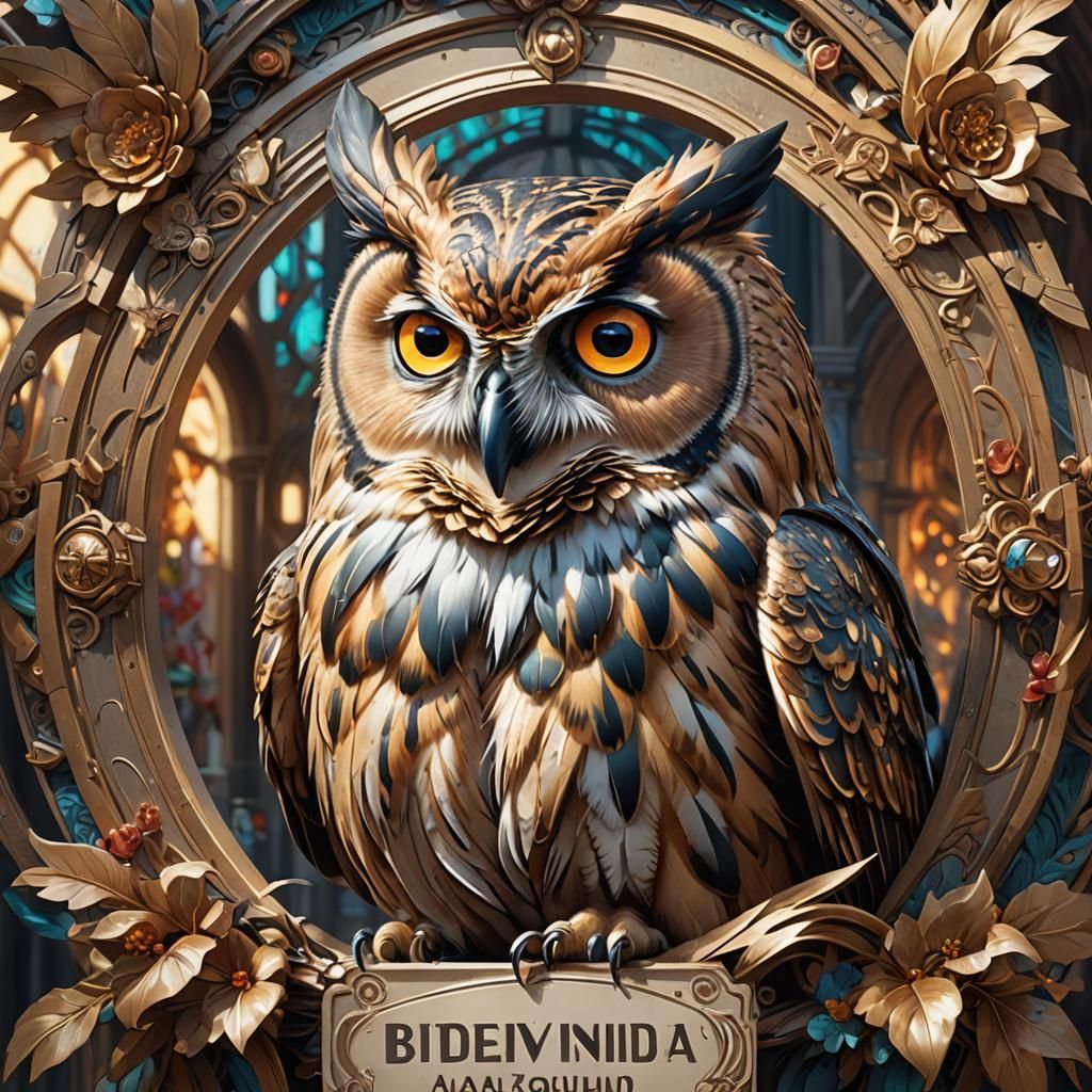 Owl Holds Welcome Sign: Art Nouveau Portrait