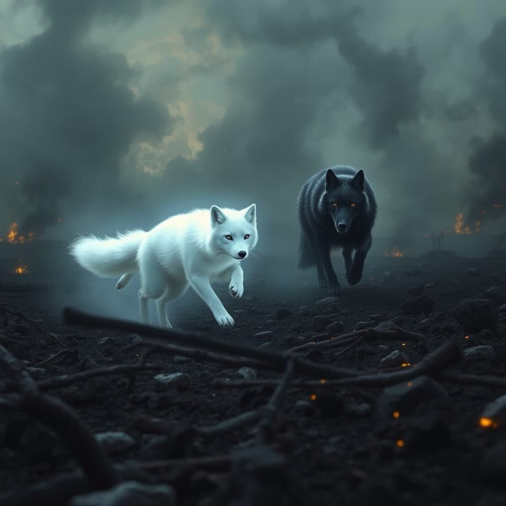 White Fox Flees Corrupted Pursuer in War-Torn Fantasy Landsc...