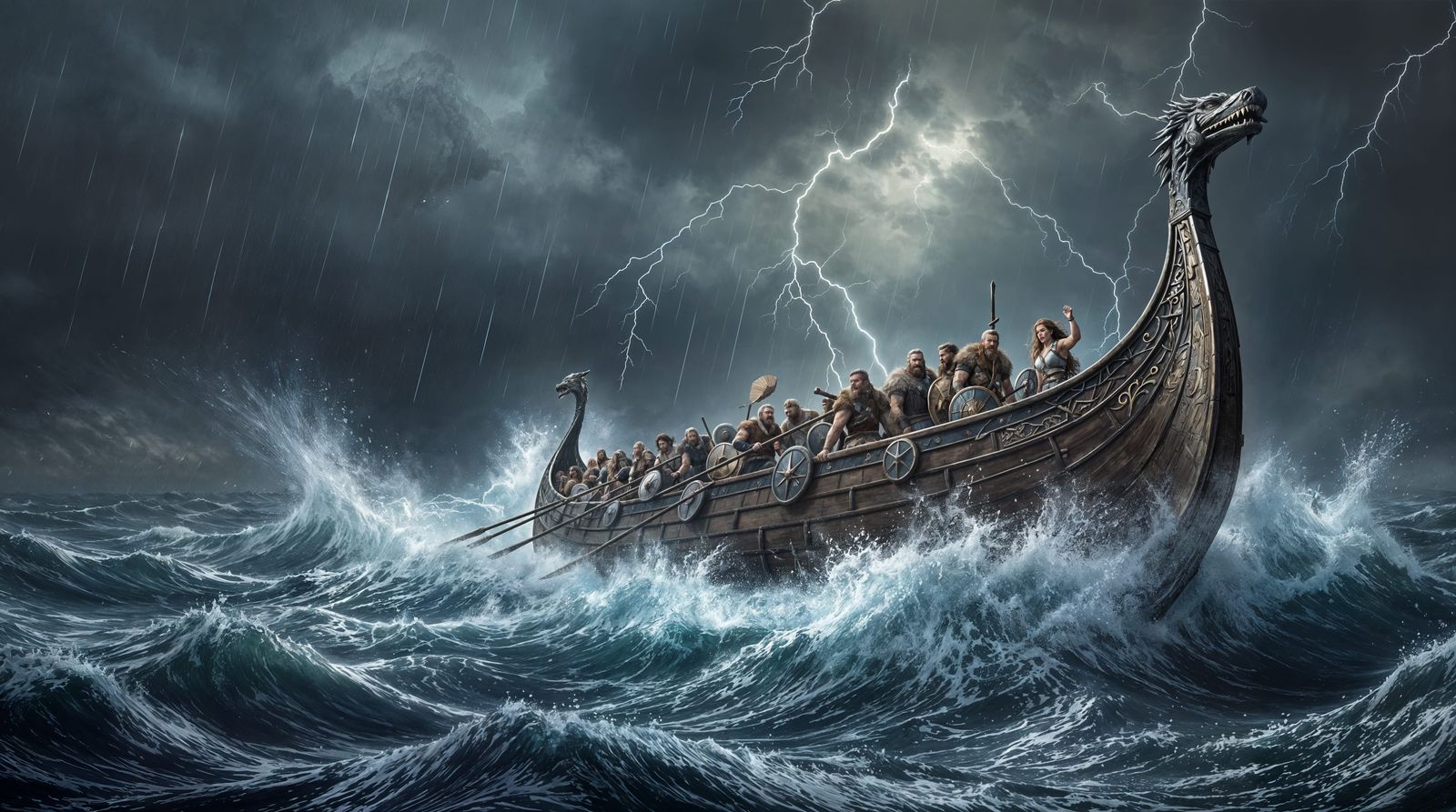 Hyperrealistic Viking Longship Battles the Stormy Seas