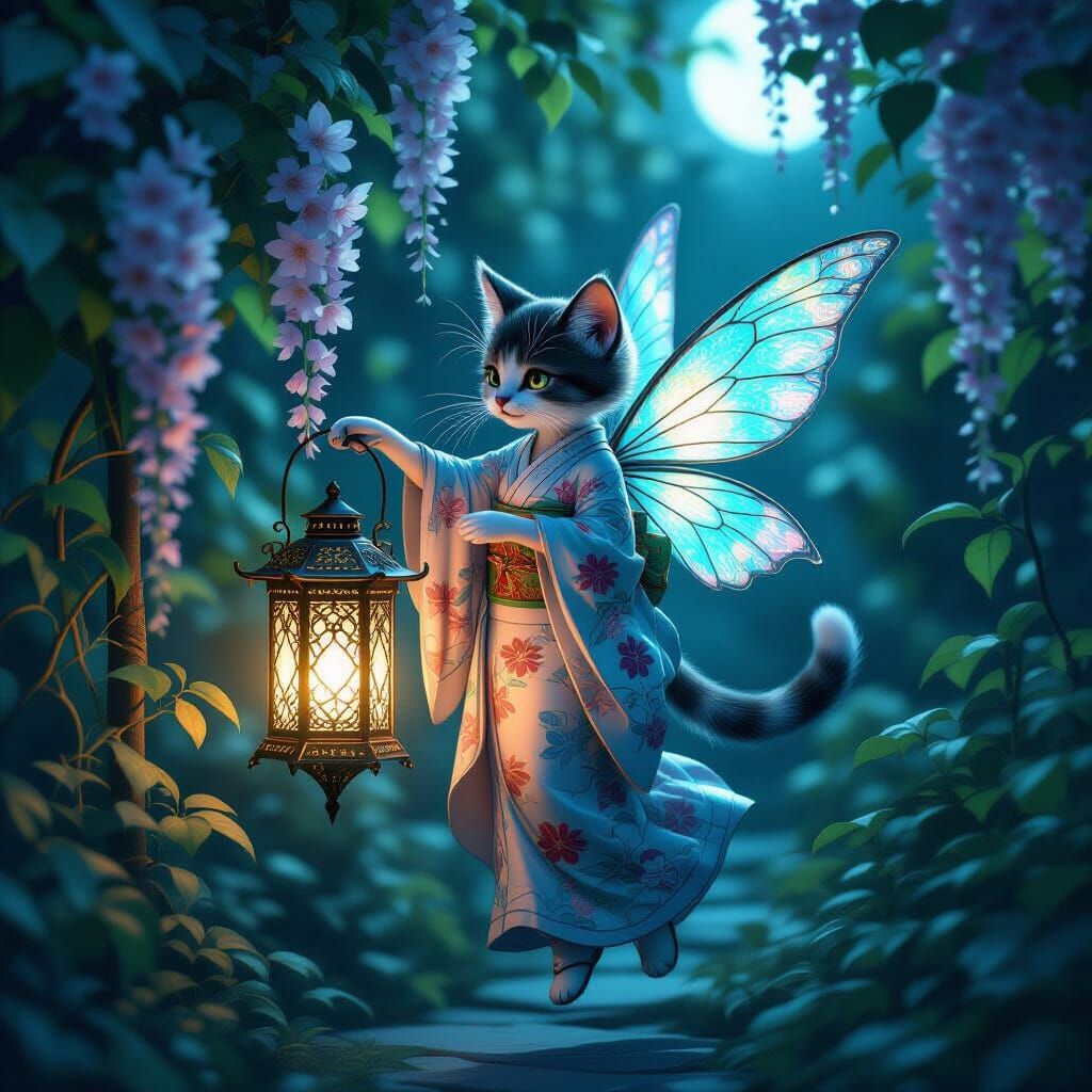 Mystical Cat Fairy Garden at Night with Moonlight