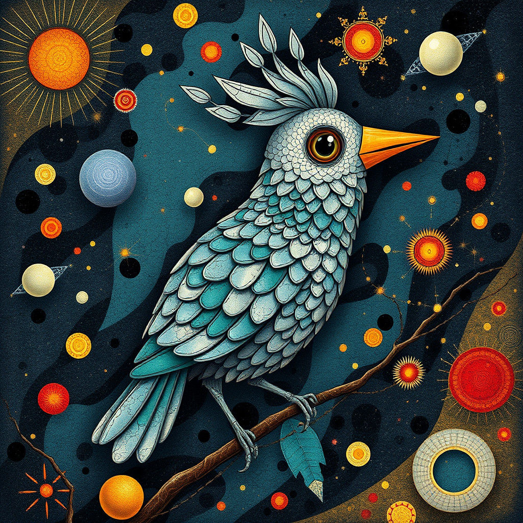 Whimsical Metal Bird Illustration in Pointillism Style