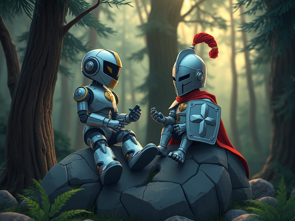 Cartoon Robot and Knight Chatting in Forest