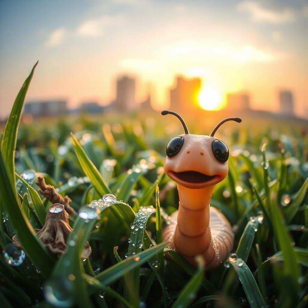 Cartoon Worm in Dew-Kissed Grass at Dawn