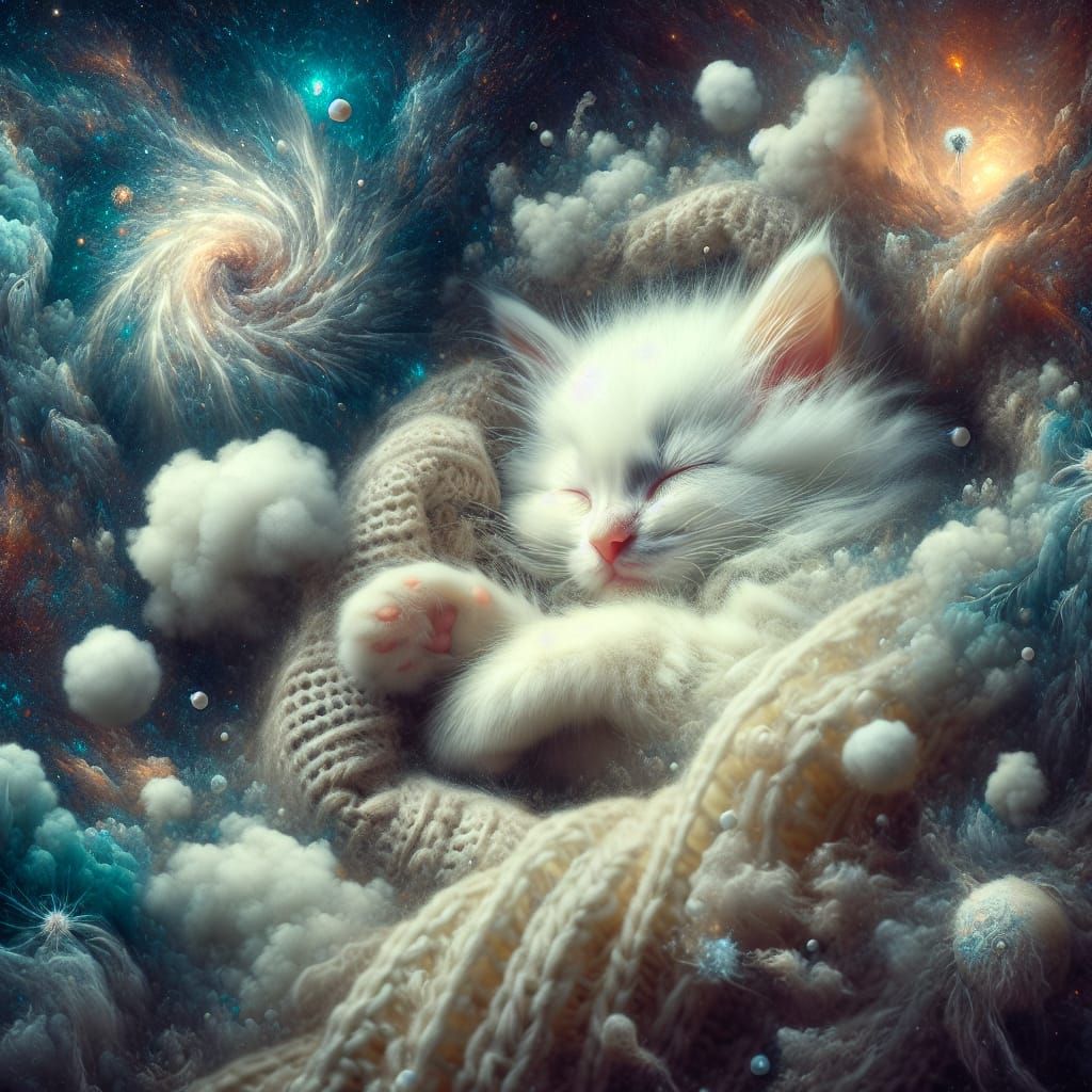 Fluffy White Kitten Sleeps Peacefully on Blanket in Fantasy ...