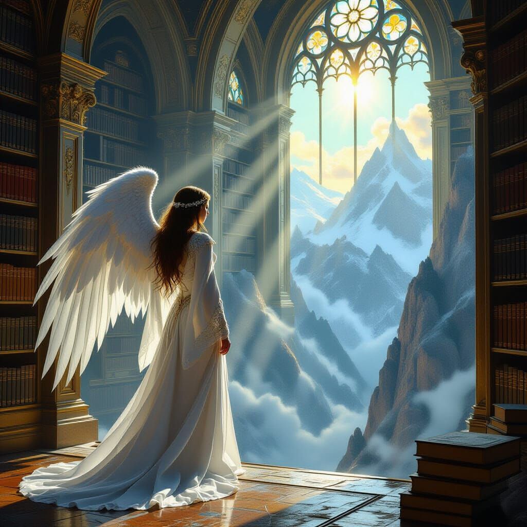 Angel Guarding Mountain Library in Hyperrealistic Style