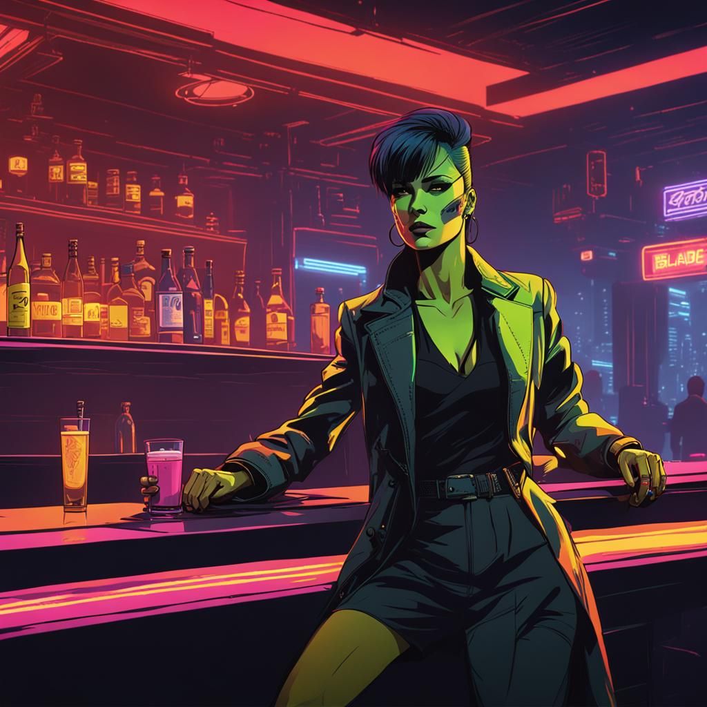 Cyberpunk Crime Boss in Neon Bar