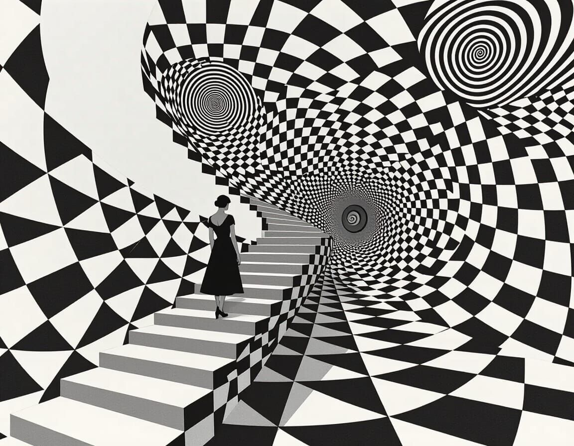Escher-Inspired Woman on Geometric Staircase