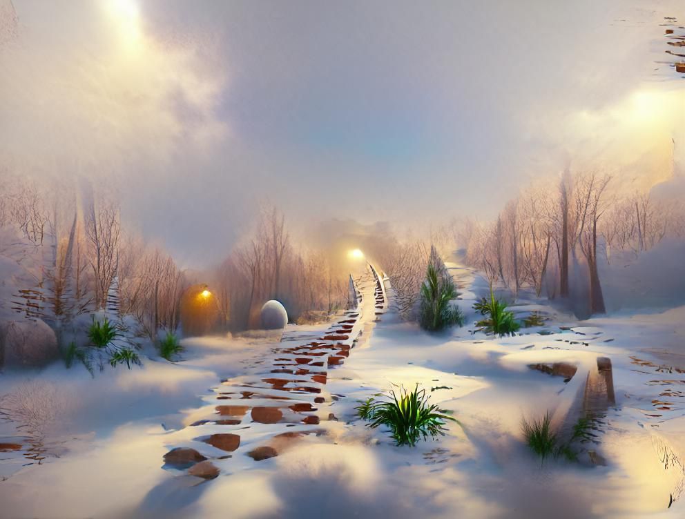 Snowy, Foggy Winter Path in Matte Painting Style