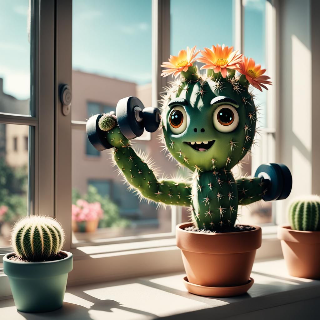Cute Arm Cactus Lifting Dumbbell in Flower Pot