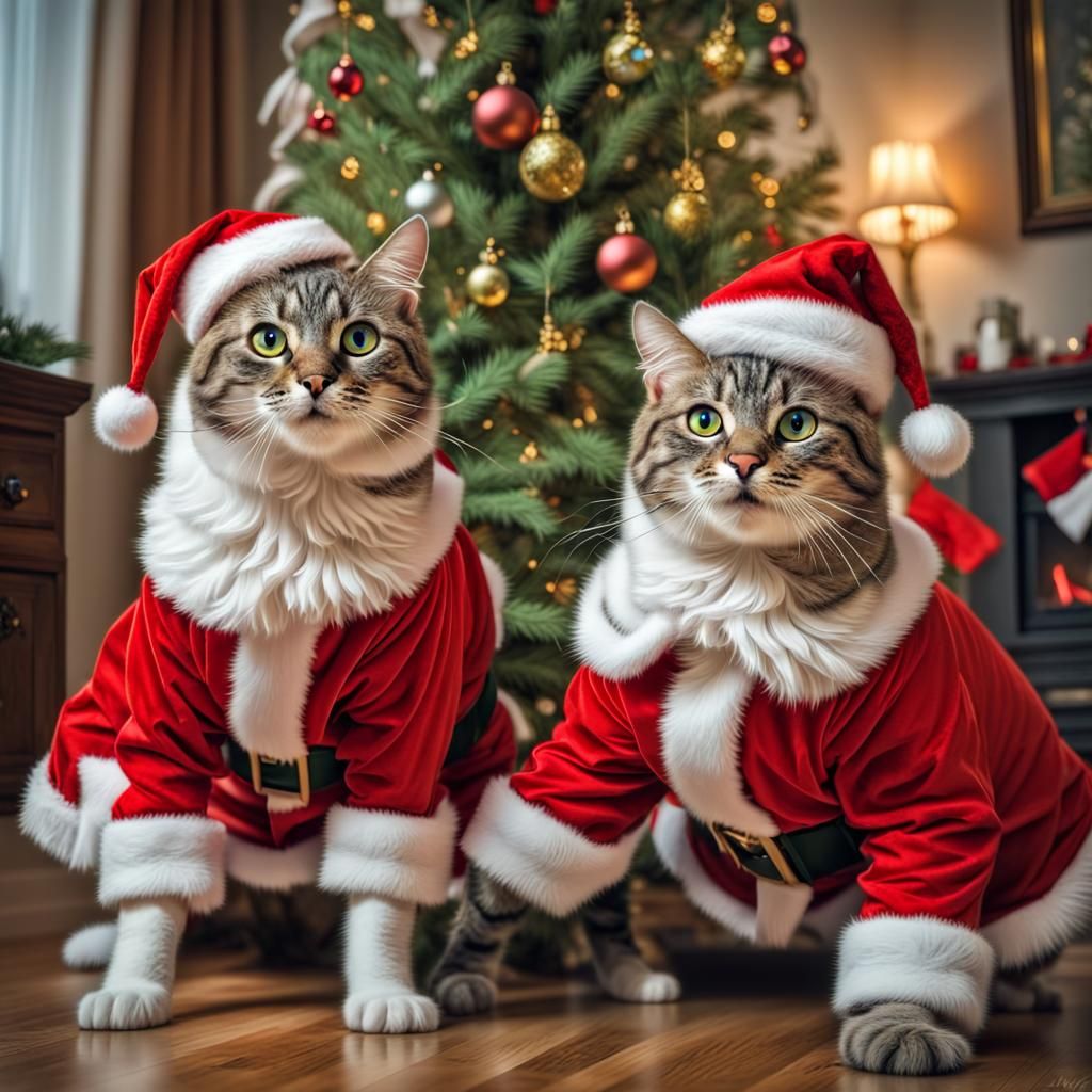 Hyperrealistic Cats Celebrate Christmas in Santa Outfits