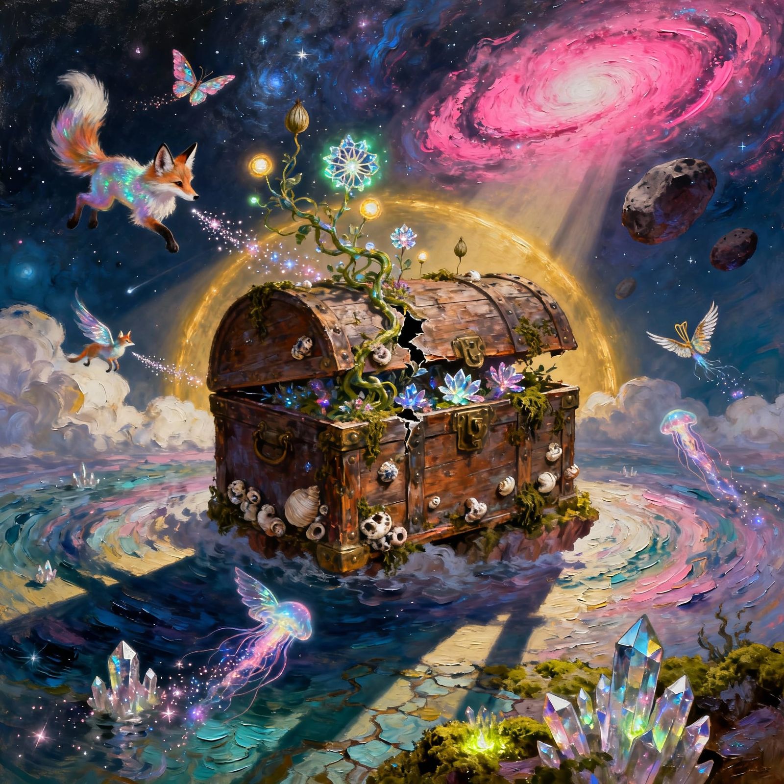 Floating Treasure Chest Island in Cosmic Sky