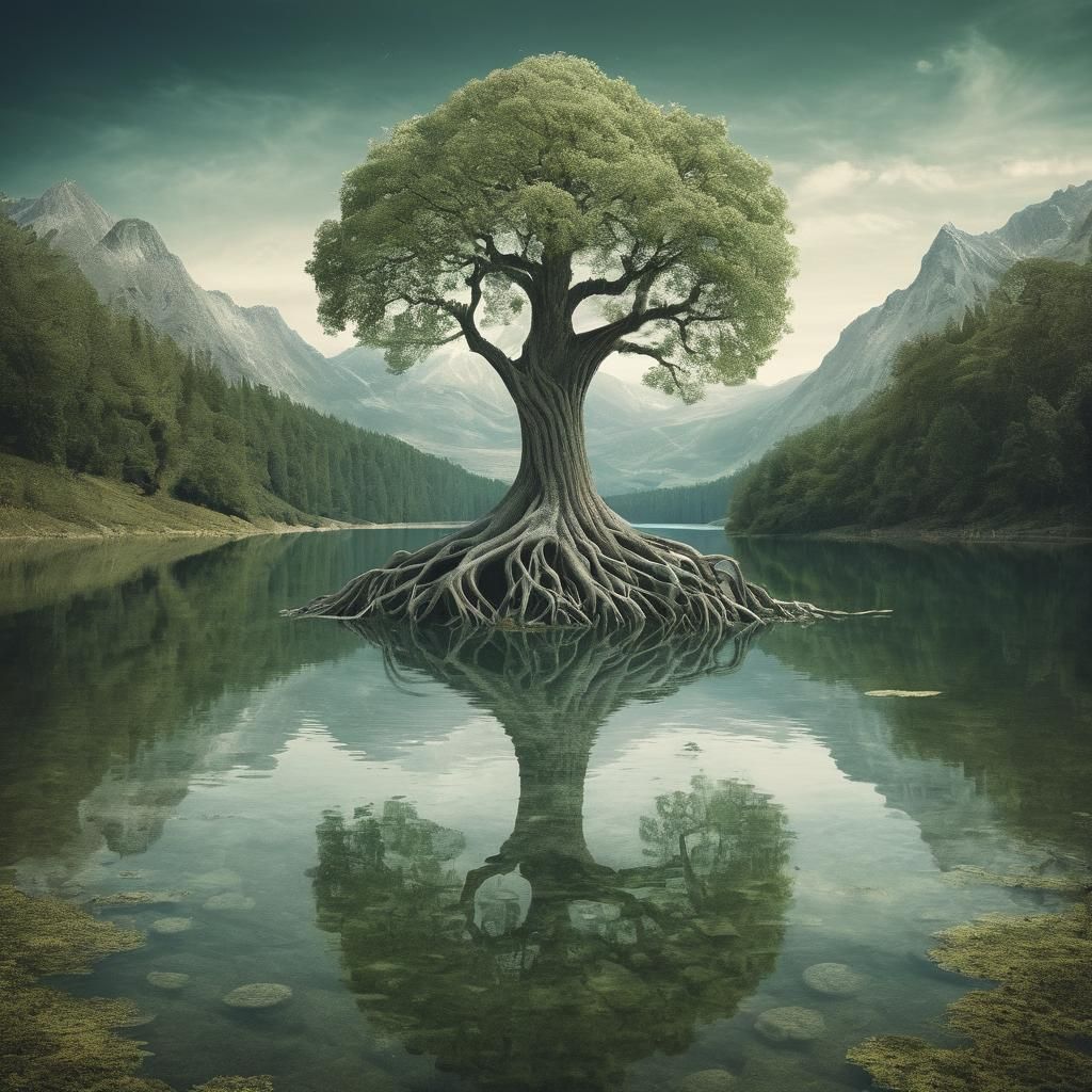 Surreal Tree of Lakes in Dreamlike Landscape
