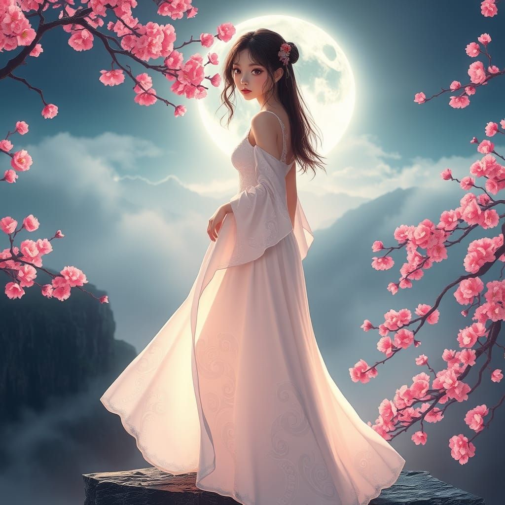 Mystical Moonlit Cherry Blossom Goddess
